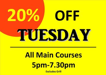Bright yellow sign announcing 20% off all main courses on Tuesday evenings.