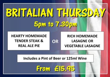 Britalian Thursday menu with hearty steak pie or lasagne, includes beer or wine, from £15.95.