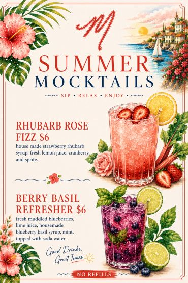 Colorful summer mocktails menu with floral and coastal design.