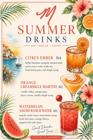 Summer drinks menu featuring Citrus Ember, Orange Creamsicle Martini, and Watermelon Ancho Ranch Water.