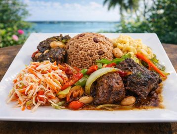 Plate of rice, stewed fish, and vegetables with a scenic outdoor background.