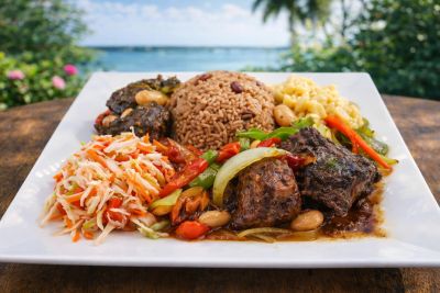 Plate of delicious Caribbean food with rice and meat.