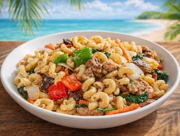 Bowl of pasta with vegetables and meat near a beach.