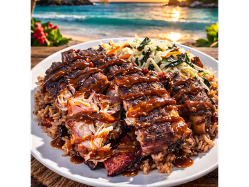 Barbecue ribs with rice and coleslaw by the beach sunset.
