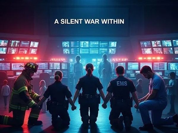 Emergency responders kneeling in unity in a control room with the text 'A SILENT WAR WITHIN'.
