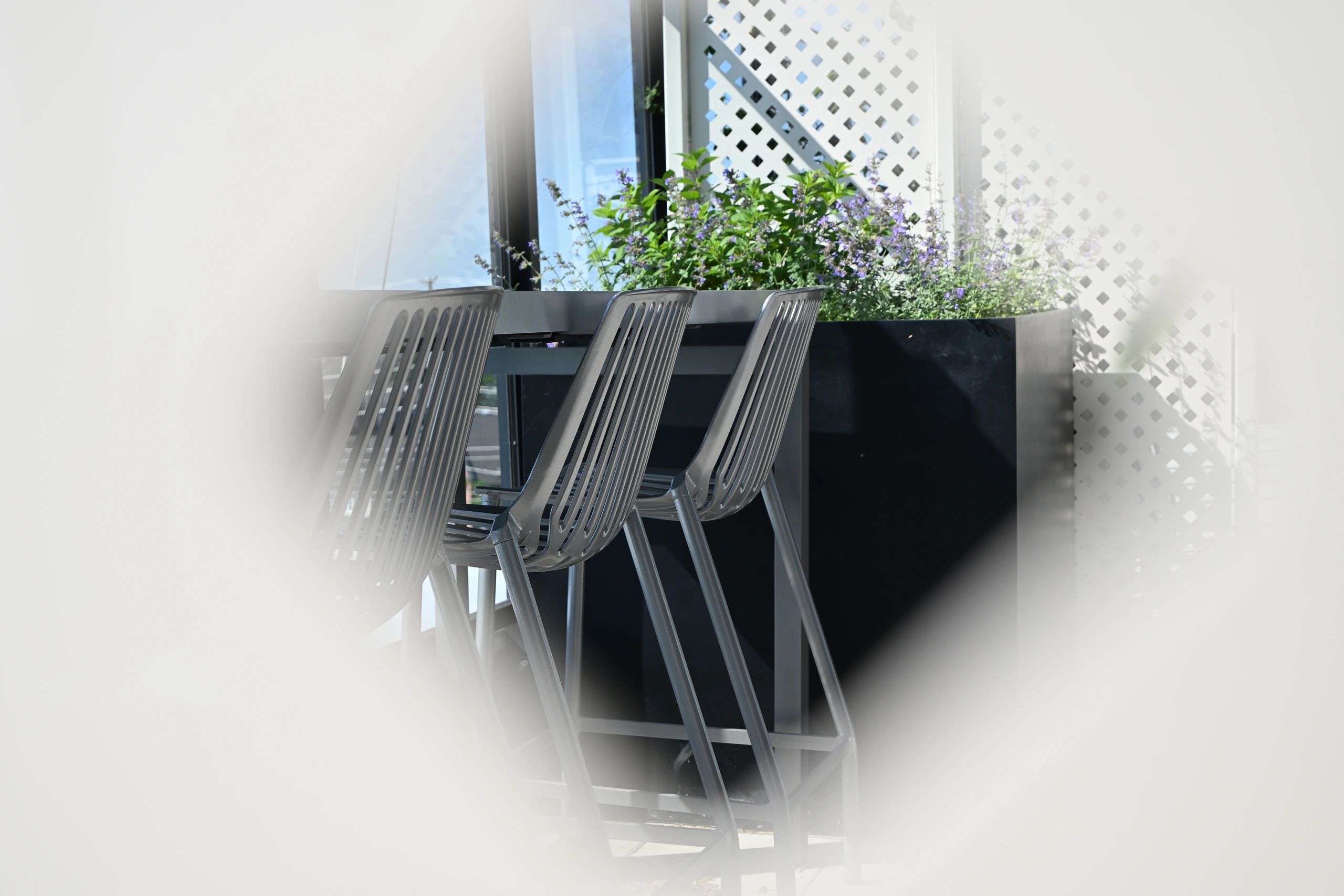 Modern outdoor bar stools and plants with white lattice backdrop.