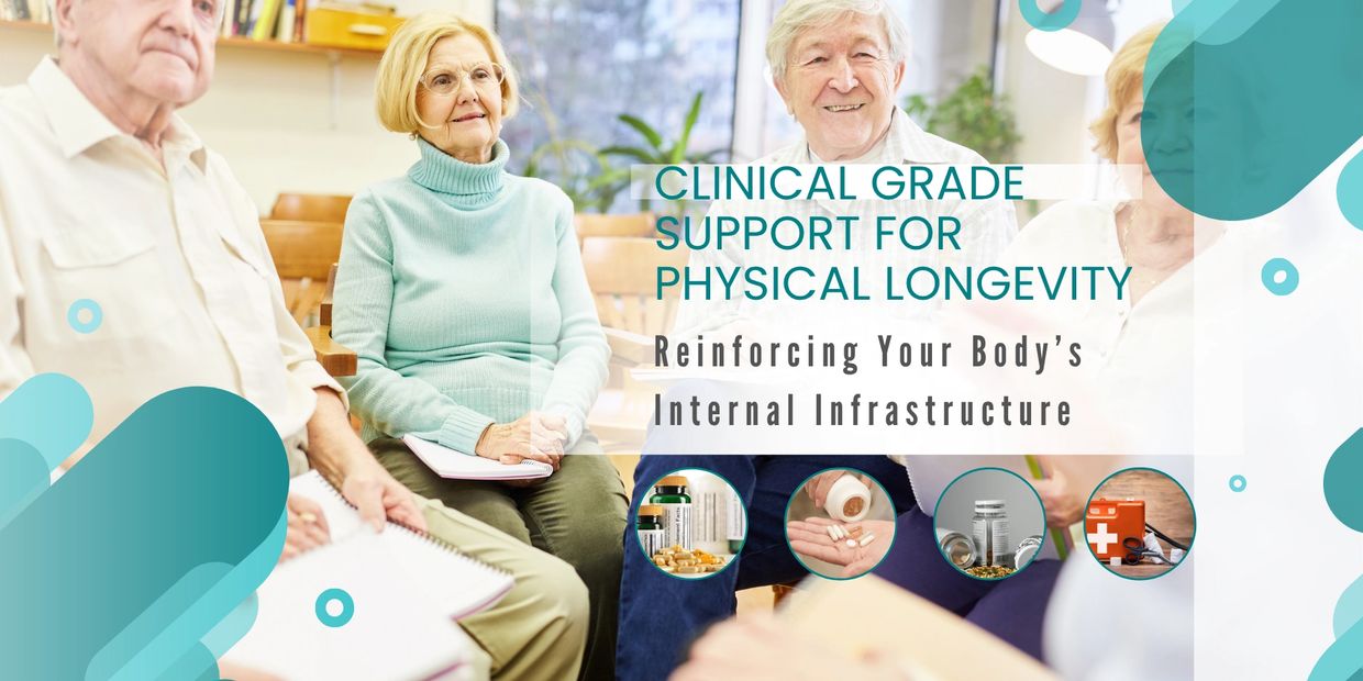 Elderly group discussing clinical support for physical longevity and body reinforcement.