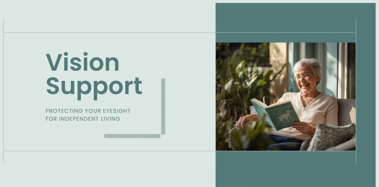 Elderly woman reading happily with vision support message.