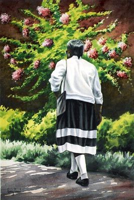 Woman taking an evening stroll down the street