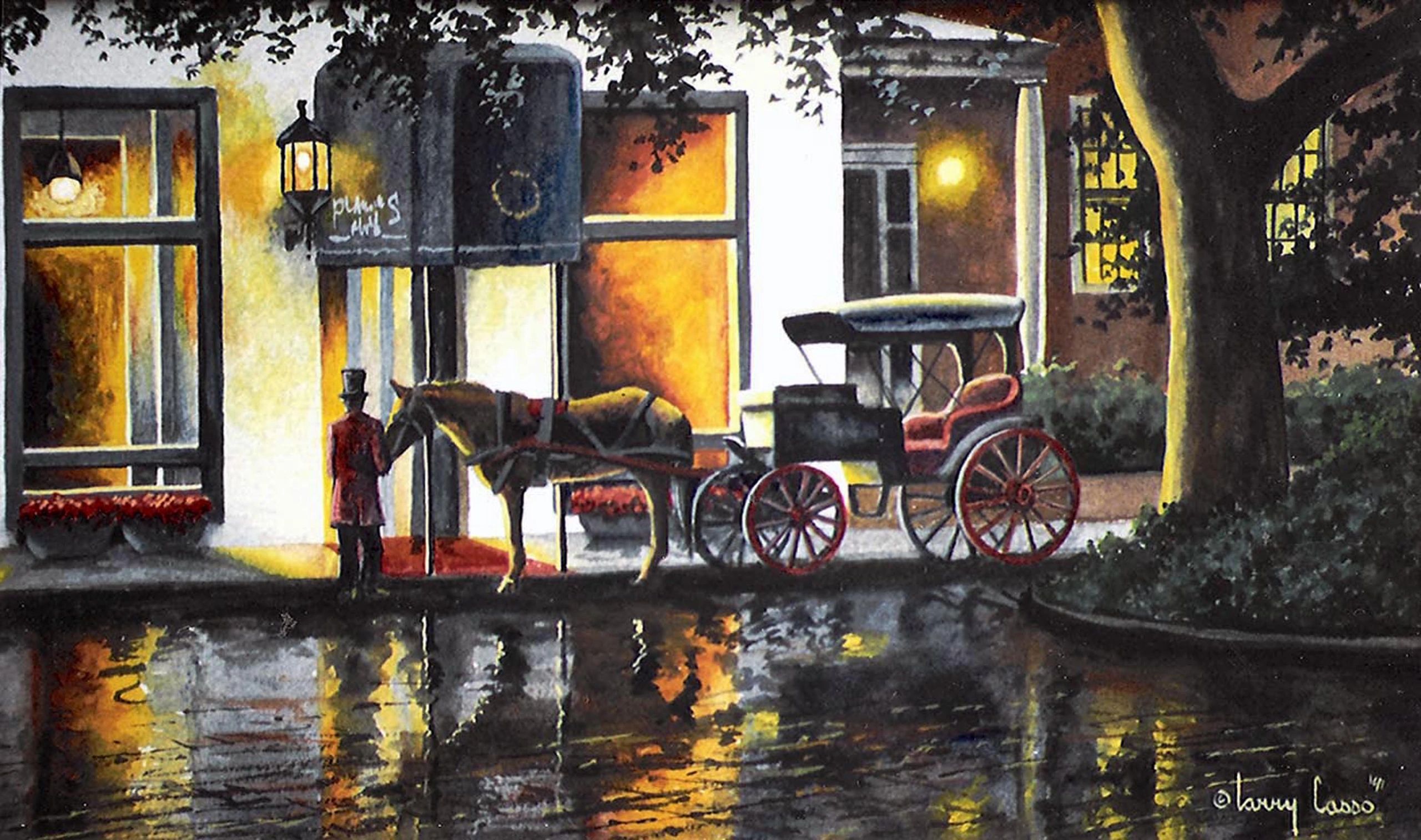 Horse and carriage waiting outside a hotel at dusk with lanterns glowing