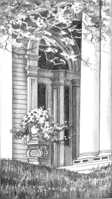 Pencil sketch of a plantation porch