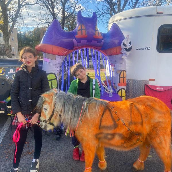 Two children with a painted pony in front of a purple castle inflatable.