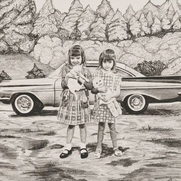 Book cover featuring two girls with dolls in front of a vintage car, set against a mountainous landscape.