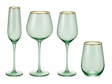 Set of four green-tinted glasses with gold rims.