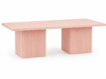 Pink rectangular table with ribbed pedestal legs.