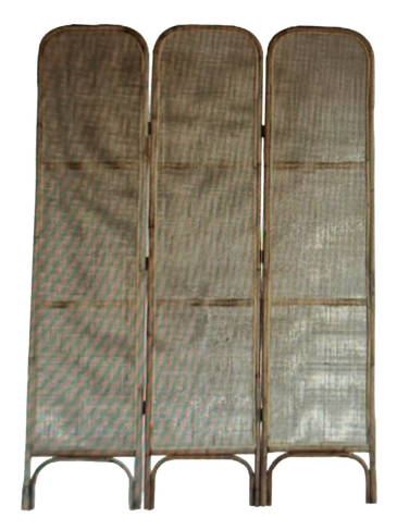 Three-panel wicker room divider.