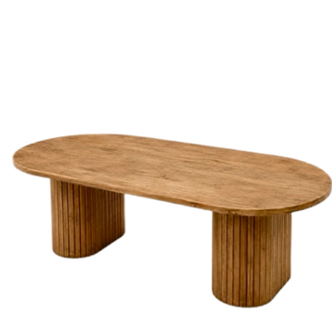 Wooden coffee table with curved edges and rounded legs.