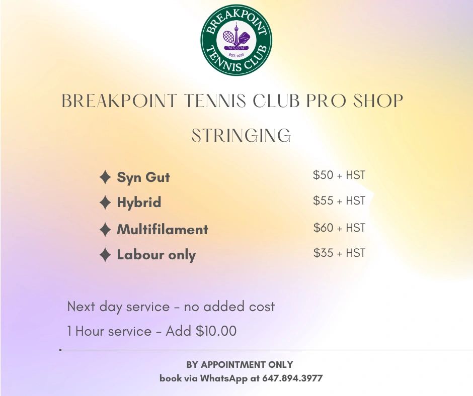 Price list for tennis stringing services at Breakpoint Tennis Club Pro Shop.