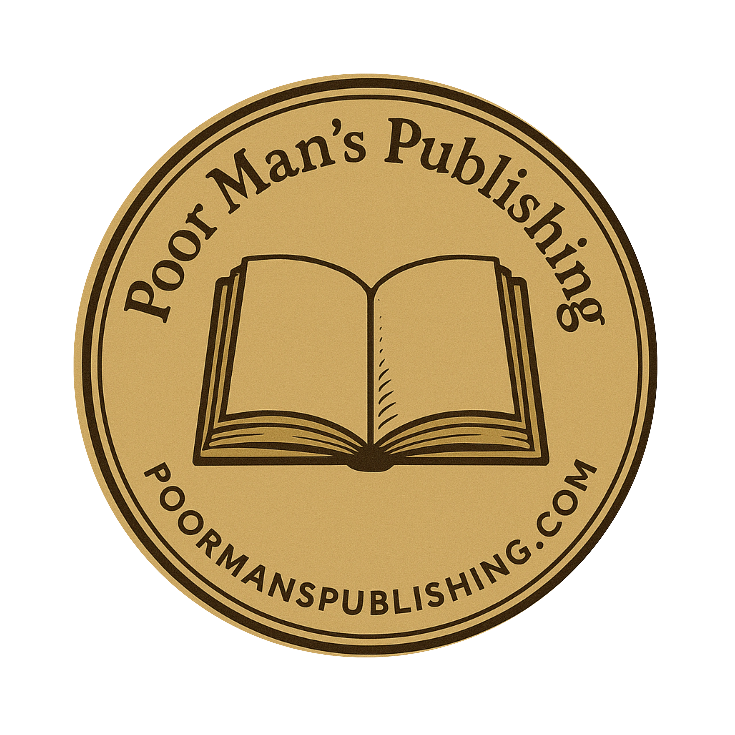 Logo of Poor Man's Publishing featuring an open book and website.