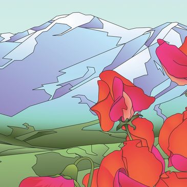 Colorful flowers with snow-capped mountains in the background.