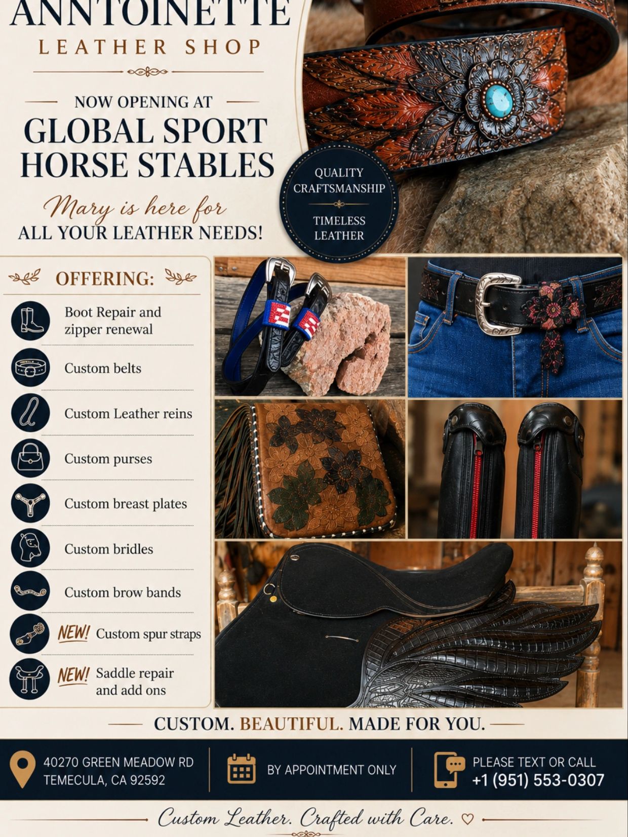 Announcement for Anntoinette Leather Shop at Global Sport Horse Stables offering custom leatherwork services.