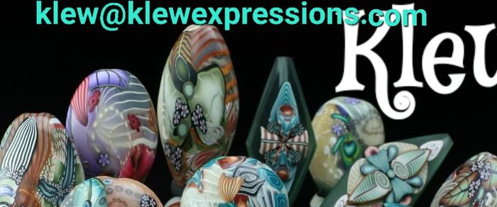 Colorful patterned stones with klews URL and logo.