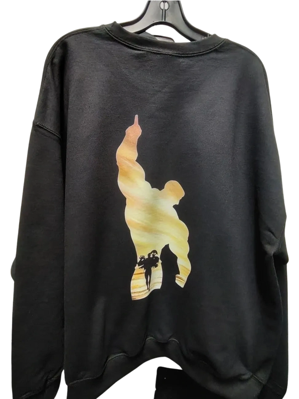 Black sweatshirt with a silhouette graphic of a muscular figure and a smaller person walking below.
