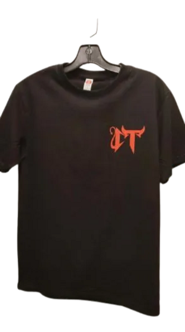 Black t-shirt with red stylized letters 'LT' on the front.
