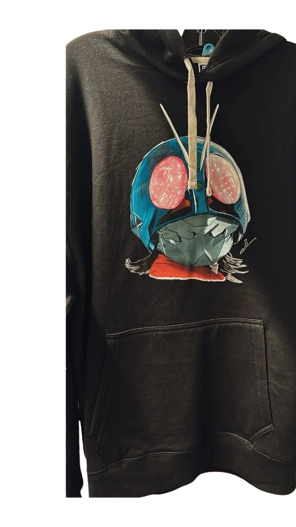 Black hoodie with a vibrant cartoon insect mask design on the front.