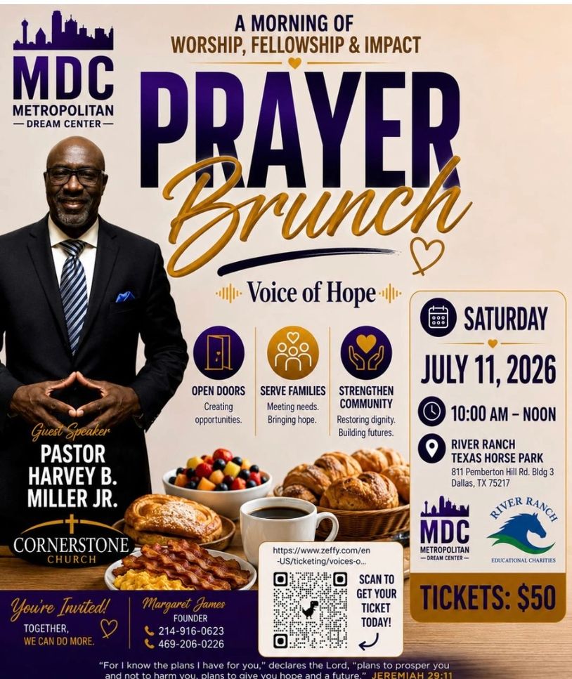 Prayer Brunch event with Pastor Harvey B. Miller Jr. on July 11, 2026, in Dallas, TX.