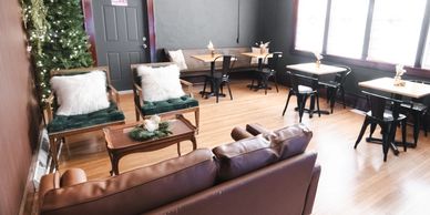 Our cozy member lounge   This space is great for our members to work or as a great space for a Happy