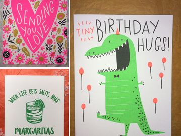3 retail letterpress cards. An Alligator birthday card, a sending love card and a condolence card. 