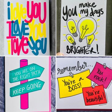 4 Greeting cards: I love you, Friendship, Encouragement, Support.