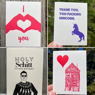 4 greeting cards: I love you, Thank You, Happy Birthday, Heart House.