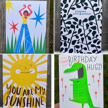 4 Greeting cards: Congratulations, Sending love, You are My Sunshine, Happy Birthday.
