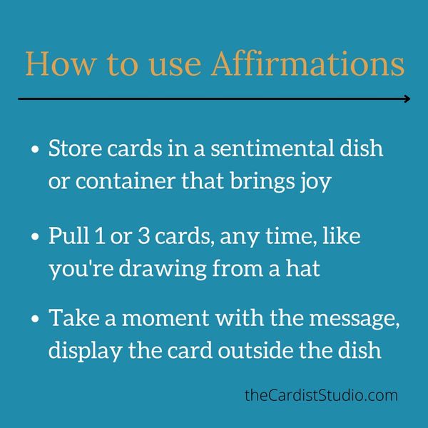 teal card saying How to use affirmations, in gold font, white font below describes storage & ritual
