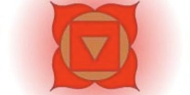 Red square and triangle symbol with rounded petals, glowing softly.