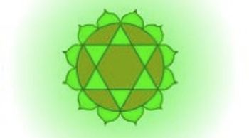 A green geometric mandala with overlapping triangles and lotus petals.