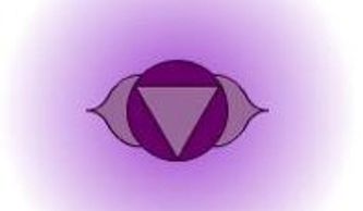Illustration of the Ajna chakra symbol with purple hues and a glowing aura.