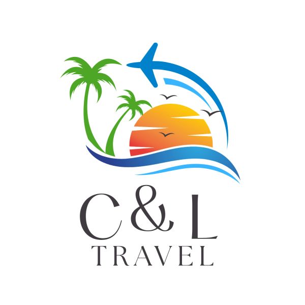 Travel agency logo with airplane, palm trees, and sunset.