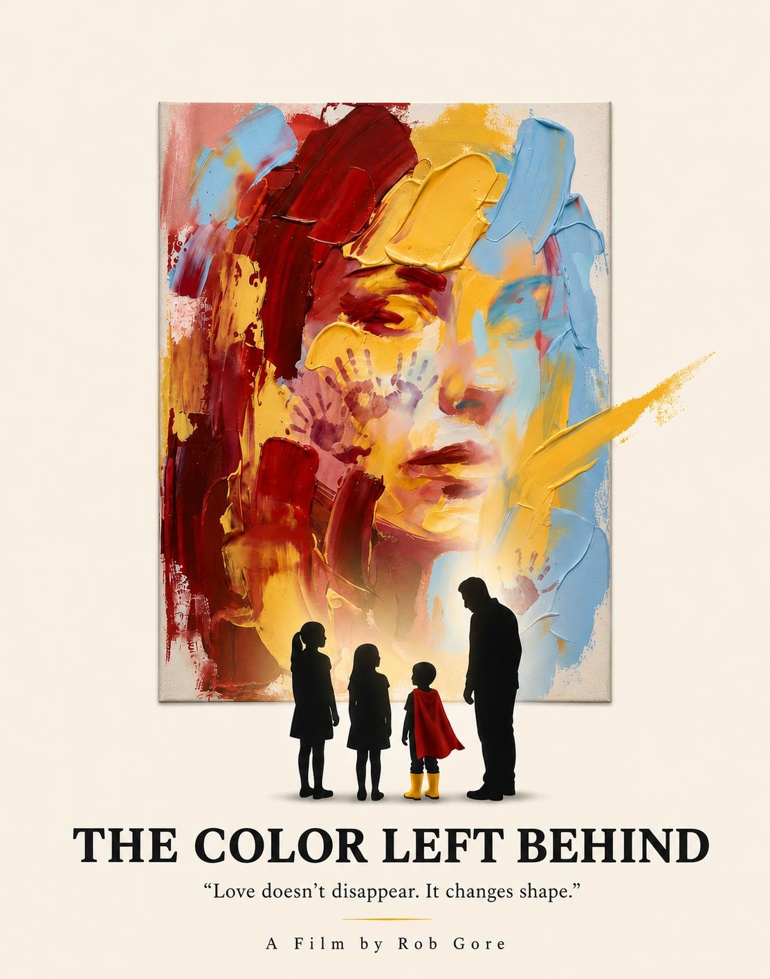Silhouettes of a family in front of a colorful abstract portrait with film title.