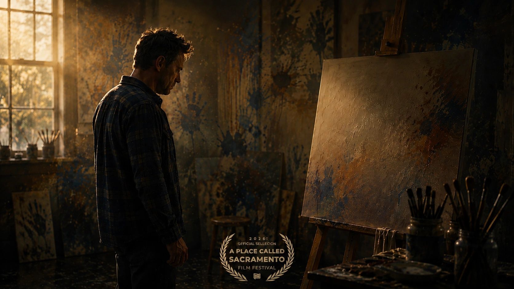 Man contemplates painting in dark, moody studio.
