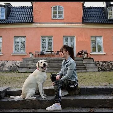 Valkoinen labradorinnoutaja istuu omistajan kanssa kivisillä portailla.