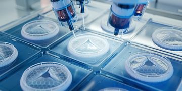 Lab equipment dispensing liquid into petri dishes with cell cultures.