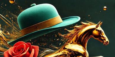A golden horse, green hat, and red rose against a dark background.