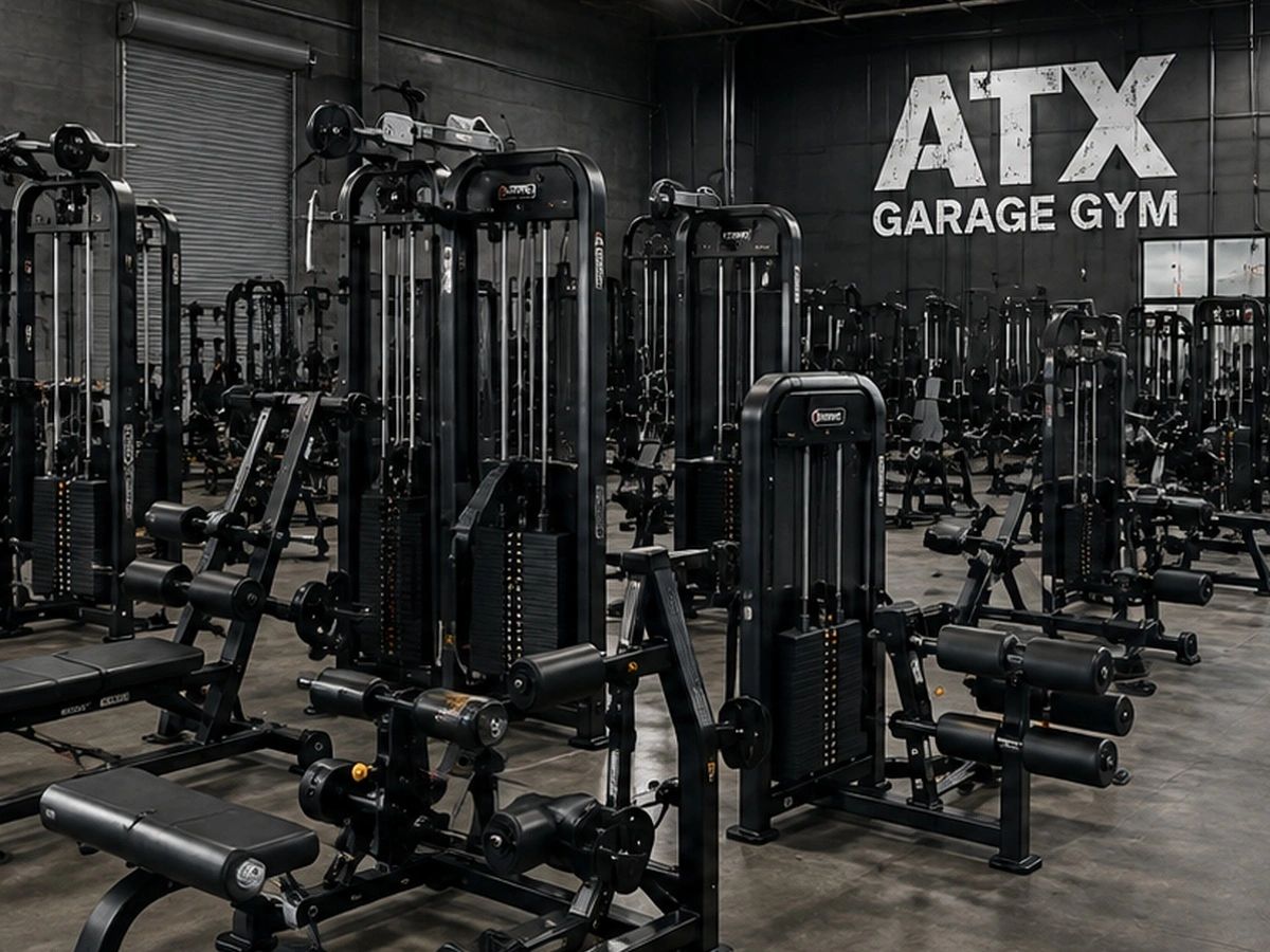 Empty ATX Garage Gym with exercise machines.