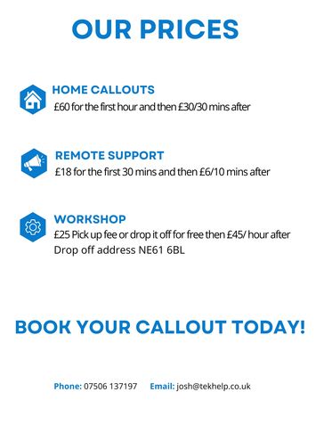 Price list for home callouts, remote support, and workshop services with contact details.