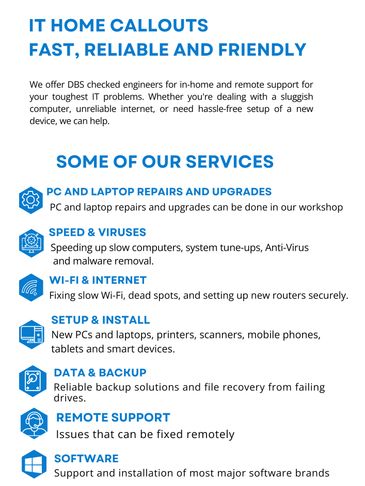 Flyer detailing fast, reliable IT home callouts and various computer services offered.