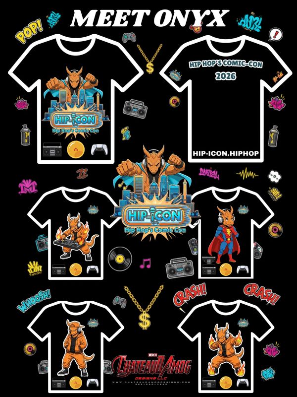 Hip Hop's Comic-Con themed T-shirt designs with animated demon characters.