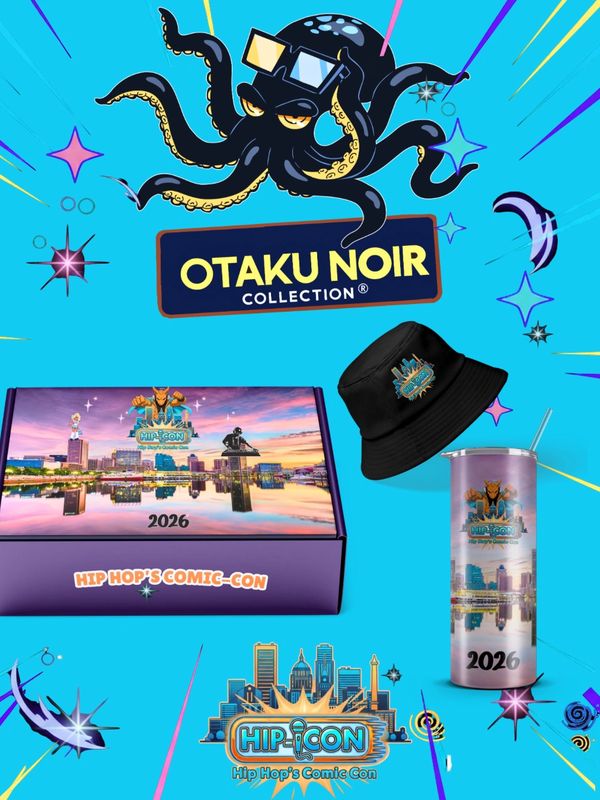 Otaku Noir Collection Hip Hop's Comic-Con merchandise with box, hat, and tumbler.